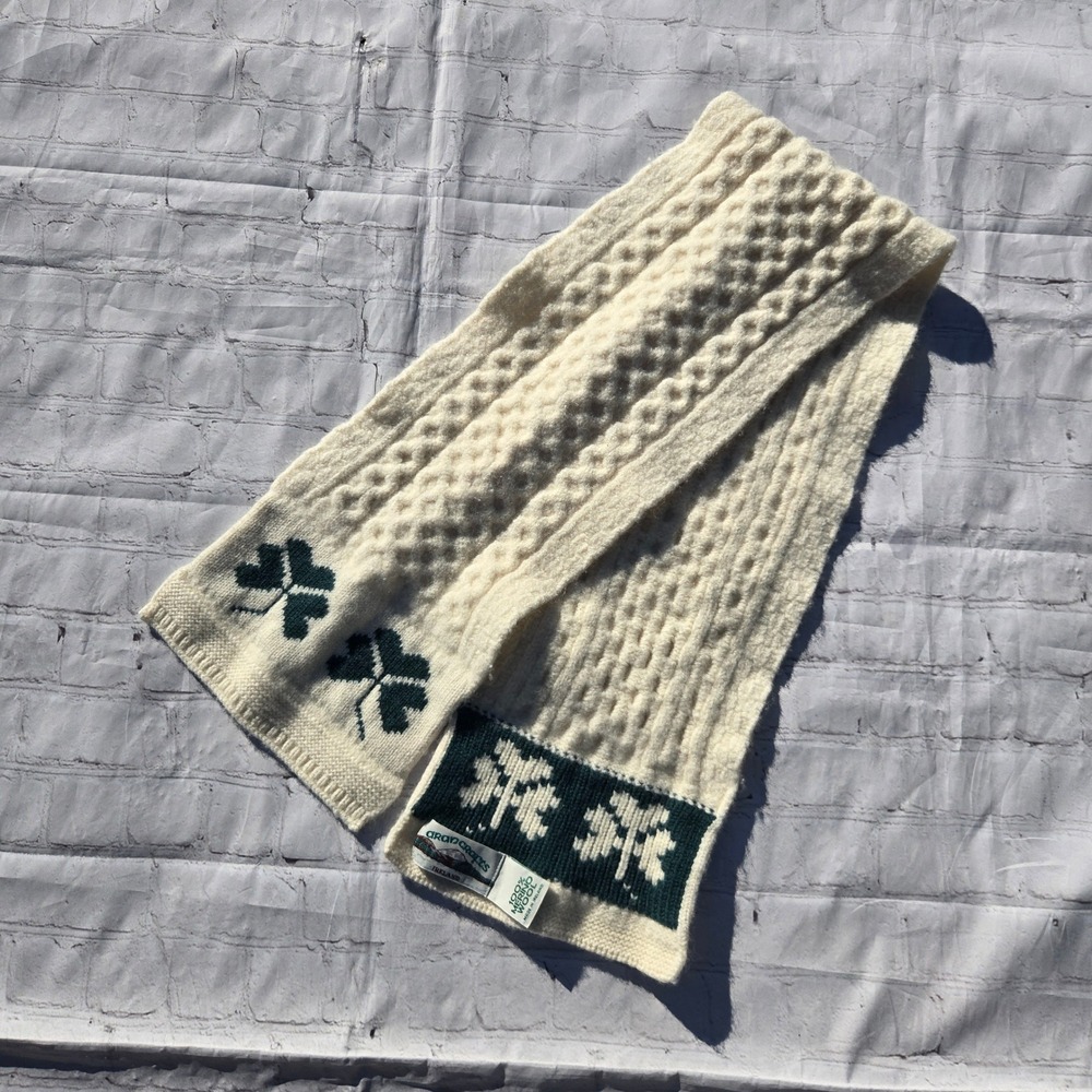 Aran Crafts Ireland Merino Wool Scarf Cream Green Shamrock Cable Knit Irish Made
